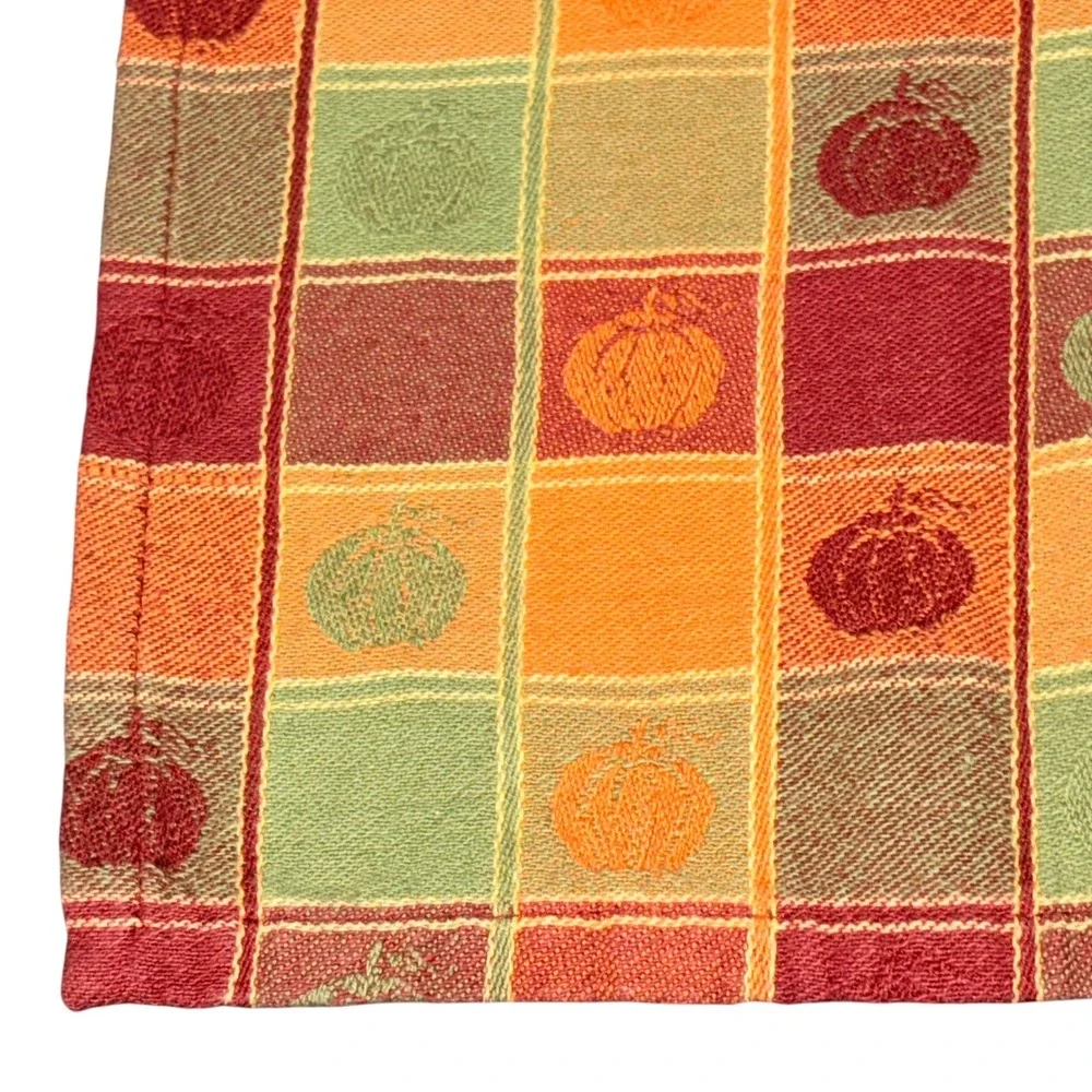 8 Vtg Fall Harvest Plaid Cloth Napkins Pumpkin Leaf Orange Red Green Square